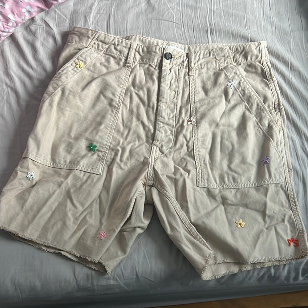 Beige Men Shorts with Embroidered Accents